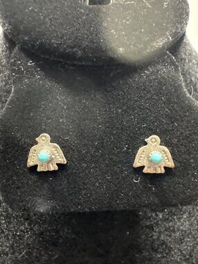 Small Thunderbird Stud Earrings With Turquoise Accents Vintage Style Metal South